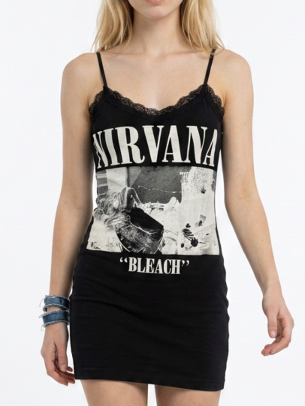 EYE CANDY • Nirvana Bleach Lace Trim Graphic Cami / Mini Dress XS